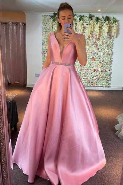 Elegant pink satin party dress pleated belt knee-length A-line