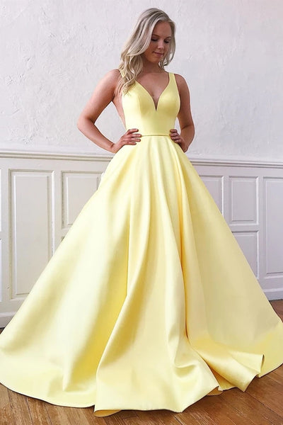 A Line V Neck Royal Blue/Yellow Satin Long Prom Dresses with Side Slit –  abcprom
