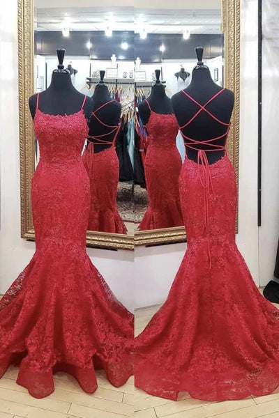 Backless Mermaid Red Lace Long Prom Dress, Mermaid Red Lace Formal Dre ...