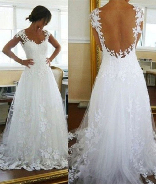 Backless White Lace Sweep Train Tulle Prom Gown Lace Evening Dresses Abcprom 0061