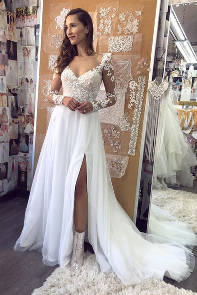 Elegant Long Sleeves White Lace Long Prom Dress White Lace Wedding Dr abcprom