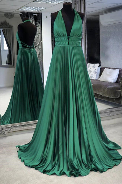 V Neck Backless Fluffy Green Long Prom Dress, Backless Green Formal Ev –  abcprom
