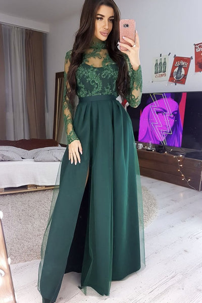 Long green lace dress with sleeves best sale