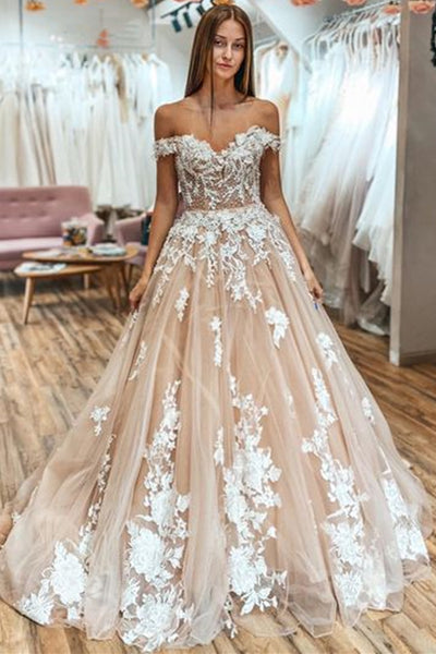 Off the shoulder champagne wedding dress best sale