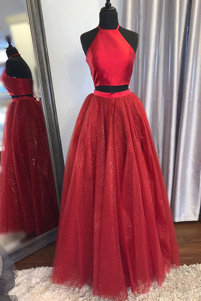 Custom Made A Line 2 Pieces High Neck Red Prom Dress, Red 2 Pieces Gra –  jbydress