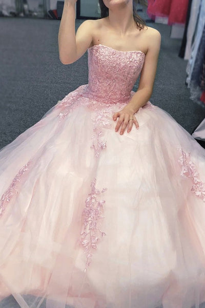 Strapless Pink Lace Long Prom Dress Pink Lace Formal Dress Pink Even Abcprom 6094