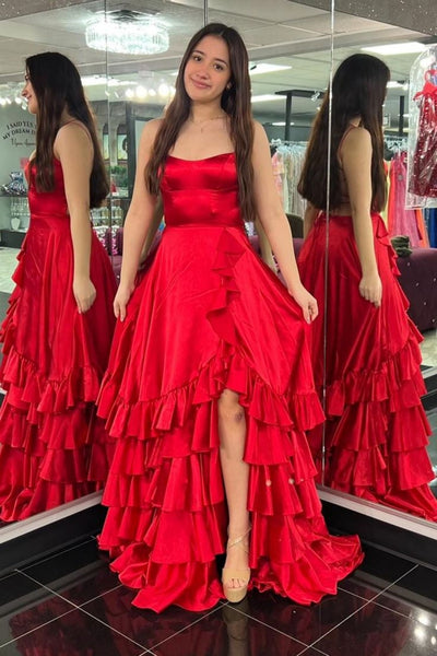 A Line Backless High Slit Ruffle Red Satin Long Prom Dress, Long Red Formal Graduation Evening Dress A2301