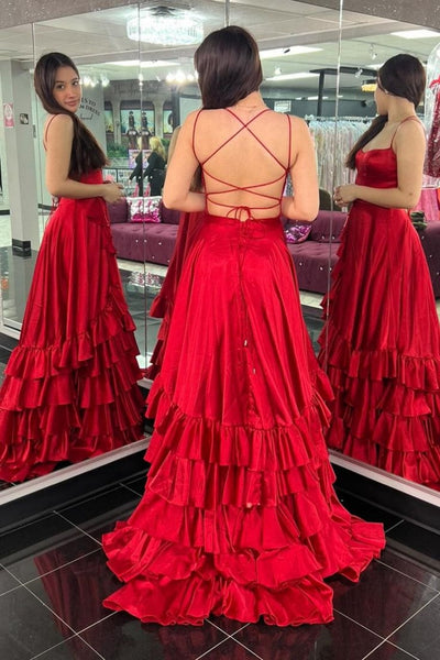 A Line Backless High Slit Ruffle Red Satin Long Prom Dress, Long Red Formal Graduation Evening Dress A2301