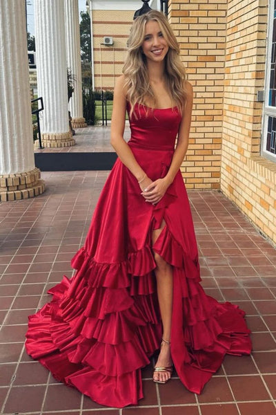 A Line Backless High Slit Ruffle Red Satin Long Prom Dress, Long Red Formal Graduation Evening Dress A2301