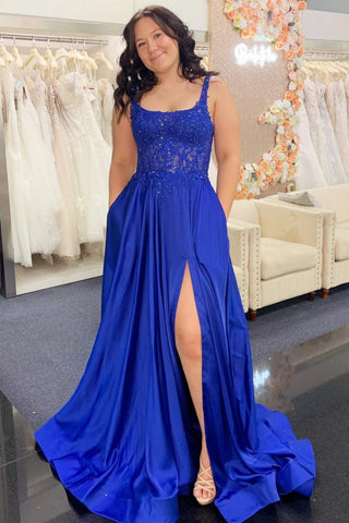 A Line Blue Lace Long Prom Dress with High Slit, Blue Lace Formal Dress, Long Blue Evening Dress A2176