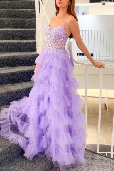 A Line Layered Lilac Lace Long Prom Dress with Train, Lilac Lace Formal Graduation Evening Dress A2261