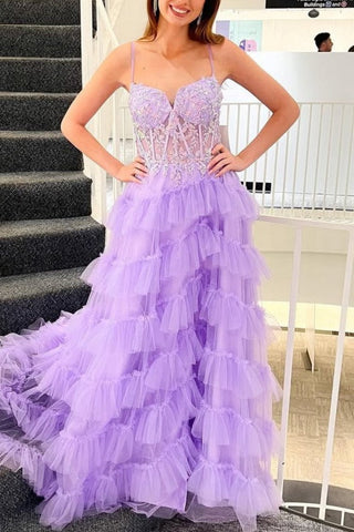 A Line Layered Lilac Lace Long Prom Dress with Train, Lilac Lace Formal Graduation Evening Dress A2261