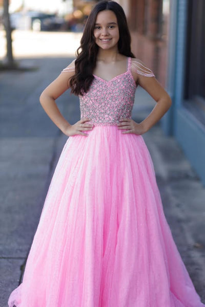 A Line Off the Shoulder Beaded Pink Tulle Long Prom Dress, Long Pink Formal Graduation Evening Dress