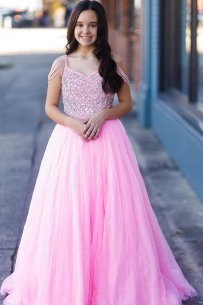 A Line Off the Shoulder Beaded Pink Tulle Long Prom Dress, Long Pink Formal Graduation Evening Dress