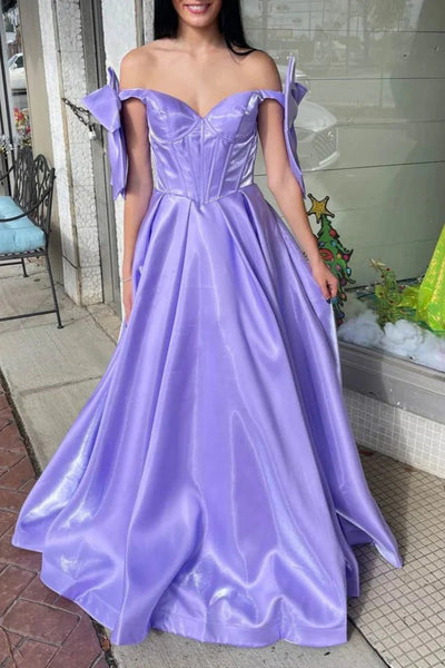 A Line Off the Shoulder Hot Pink/Lilac Satin Long Prom Dress with Bow, Long Hot Pink/Lilac Formal Graduation Evening Dress