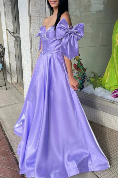 A Line Off the Shoulder Hot Pink/Lilac Satin Long Prom Dress with Bow, Long Hot Pink/Lilac Formal Graduation Evening Dress