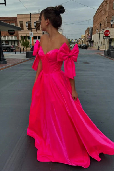 A Line Off the Shoulder Hot Pink/Lilac Satin Long Prom Dress with Bow, Long Hot Pink/Lilac Formal Graduation Evening Dress