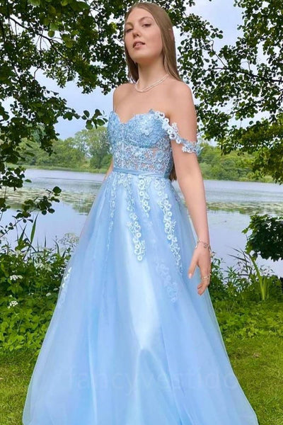 A Line Off the Shoulder Light Blue Lace Long Prom Dress, Light Blue Lace Formal Dress, Light Blue Evening Dress