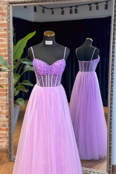 A Line One Shoulder Lilac Lace Long Prom Dress, Long Lilac Tulle Formal Graduation Evening Dress with Sequins A2315