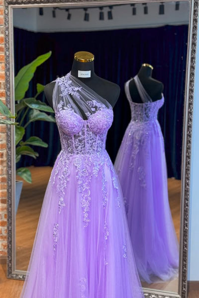 A Line One Shoulder Lilac Lace Long Prom Dress, Long Lilac Tulle Formal Graduation Evening Dress with Sequins A2315