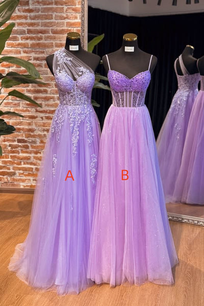 A Line One Shoulder Lilac Lace Long Prom Dress, Long Lilac Tulle Formal Graduation Evening Dress with Sequins A2315