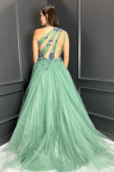 A Line One Shoulder Open Back Green Tulle Long Prom Dress with Appliques, One Shoulder Green Formal Graduation Evening Dress A2277