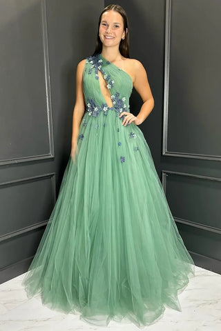 A Line One Shoulder Open Back Green Tulle Long Prom Dress with Appliques, One Shoulder Green Formal Graduation Evening Dress A2277