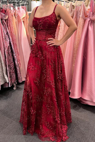 A Line Open Back Beaded Burgundy Lace Long Prom Dress, Burgundy Lace Formal Dress, Wine Red Evening Dress