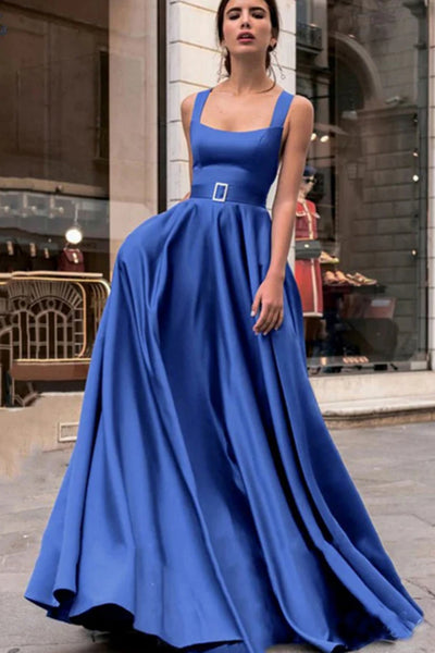 A Line Open Back Blue Satin Long Prom Dress, Long Blue Formal Graduation Evening Dress