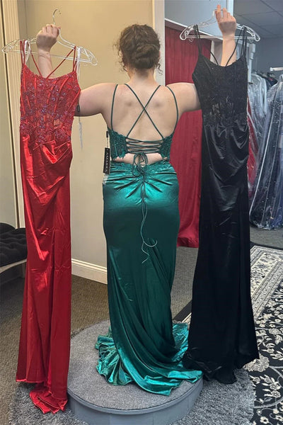 A Line Open Back Emerald Green Lace Long Prom Dress with High Slit, Emerald Green Lace Formal Dresses, Green Evening Dress A2260