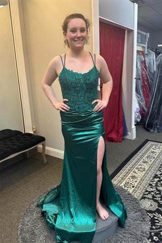 A Line Open Back Emerald Green Lace Long Prom Dress with High Slit, Emerald Green Lace Formal Dresses, Green Evening Dress A2260