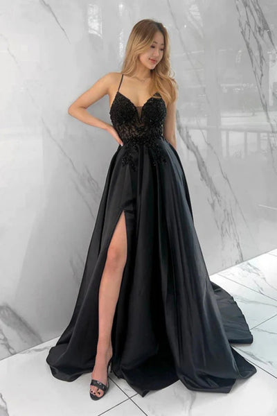 A Line Open Back High Slit Beaded Black Long Prom Dress, Long Black Formal Graduation Evening Dress A2314