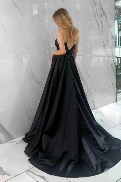 A Line Open Back High Slit Beaded Black Long Prom Dress, Long Black Formal Graduation Evening Dress A2314