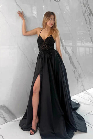 A Line Open Back High Slit Beaded Black Long Prom Dress, Long Black Formal Graduation Evening Dress A2314