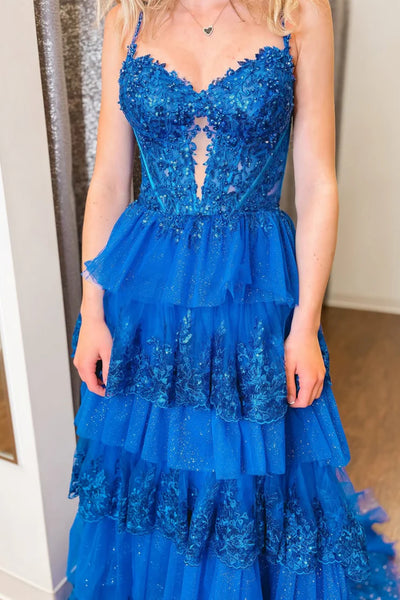 A Line Open Back Layered Blue Lace Long Prom Dress, Blue Lace Formal Dress, Blue Evening Dress