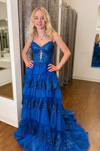 A Line Open Back Layered Blue Lace Long Prom Dress, Blue Lace Formal Dress, Blue Evening Dress