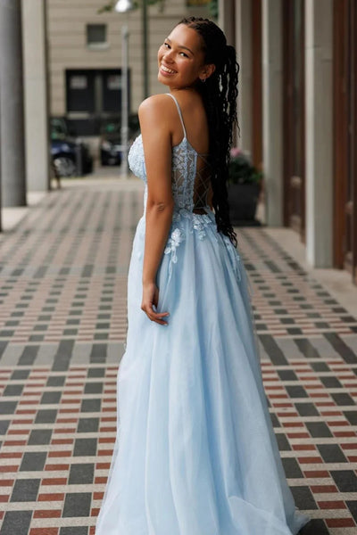 A Line Open Back Light Blue Lace Long Prom Dress, High Slit Light Blue Lace Formal Graduation Evening Dress A2263