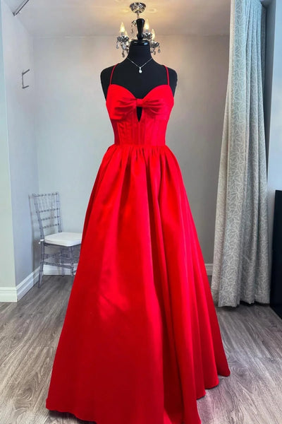 A Line Open Back Red Satin Long Prom Dress, Long Red Formal Graduation Evening Dress