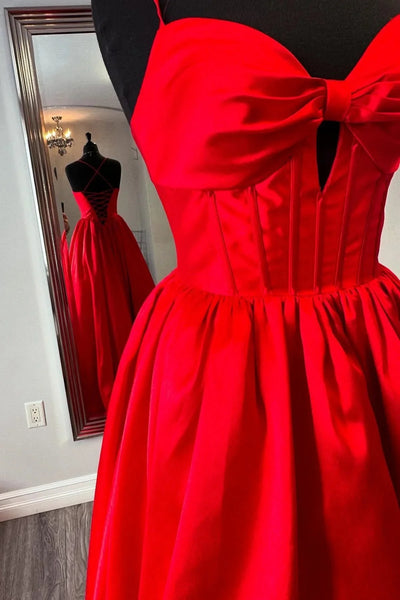 A Line Open Back Red Satin Long Prom Dress, Long Red Formal Graduation Evening Dress