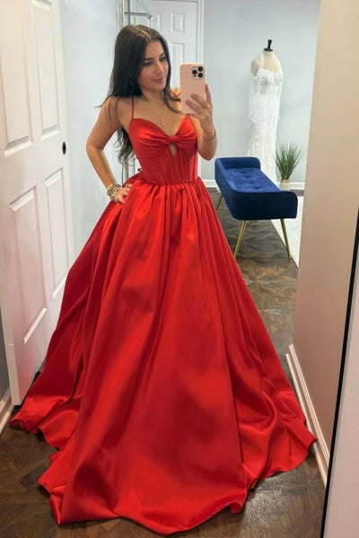 A Line Open Back Red Satin Long Prom Dress, Long Red Formal Graduation Evening Dress