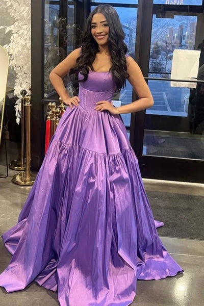 A Line Scoop Neck Pleated Purple Satin Long Prom Dress, Long Purple Formal Graduation Evening Dress