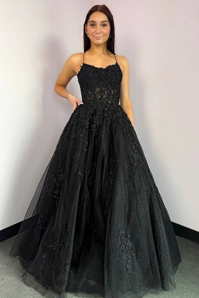 A Line Spaghetti Straps Black Lace Long Prom Dress, Black Lace Formal Graduation Evening Dress A2284