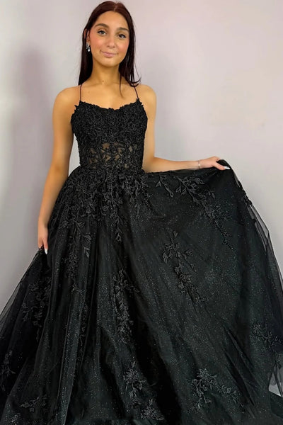 A Line Spaghetti Straps Black Lace Long Prom Dress, Black Lace Formal Graduation Evening Dress A2284