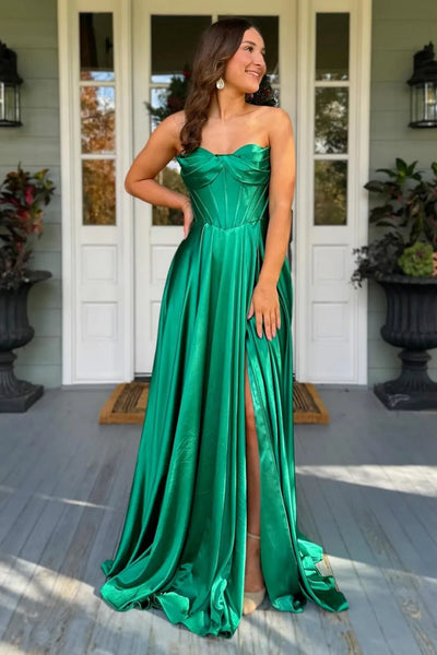 A Line Strapless High Slit Green/Blue Satin Long Prom Dress, Green/Blue Formal Graduation Evening Dress A2307