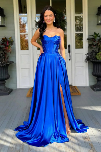 A Line Strapless High Slit Green/Blue Satin Long Prom Dress, Green/Blue Formal Graduation Evening Dress A2307