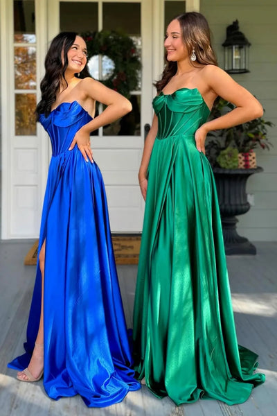 A Line Strapless High Slit Green/Blue Satin Long Prom Dress, Green/Blue Formal Graduation Evening Dress A2307