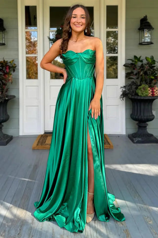 A Line Strapless High Slit Green/Blue Satin Long Prom Dress, Green/Blue Formal Graduation Evening Dress A2307