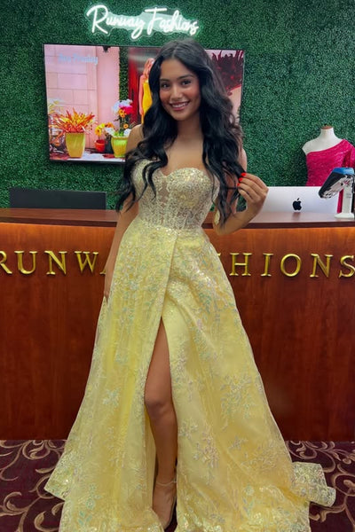 A Line Strapless High Slit Yellow Lace Long Prom Dress, Yellow Lace Formal Graduation Evening Dress A2291