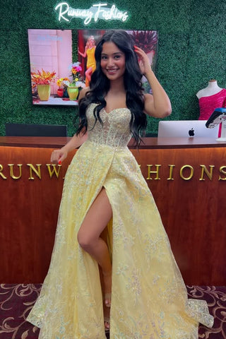 A Line Strapless High Slit Yellow Lace Long Prom Dress, Yellow Lace Formal Graduation Evening Dress A2291