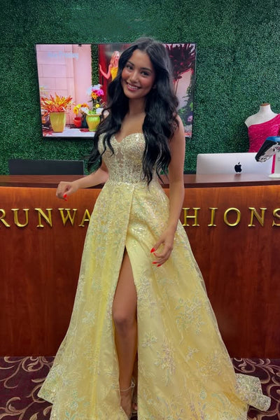 A Line Strapless High Slit Yellow Lace Long Prom Dress, Yellow Lace Formal Graduation Evening Dress A2291